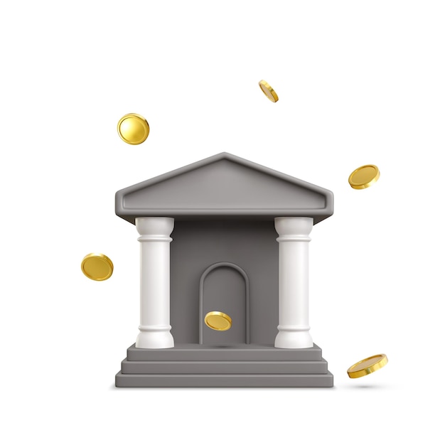 Bank building with falling gold coin in realistic cartoon style 3d realistic banners and posters for bank business Vector illustration