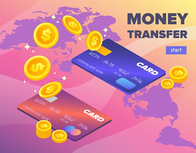 Vector bank card to bank card money transfer concept