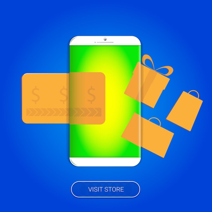 Vector bank card, phone, purchased bags and boxes of goods. there is a button to go to the store.