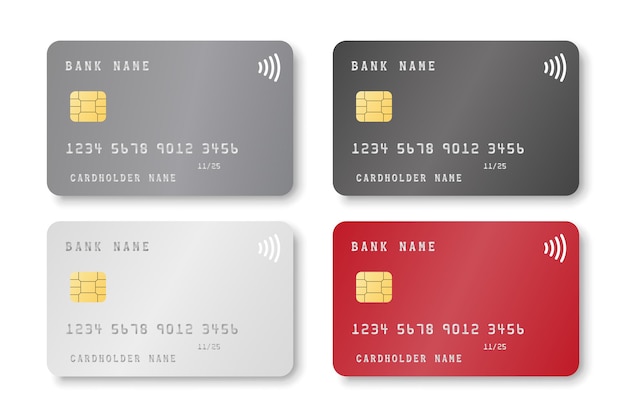 Vettore set di mockup realistici per carte bancarie bianche nere grigie e rosse carte di credito o di debito con spazio vuoto per la copia isolato su sfondo bianco illustrazione vettoriale