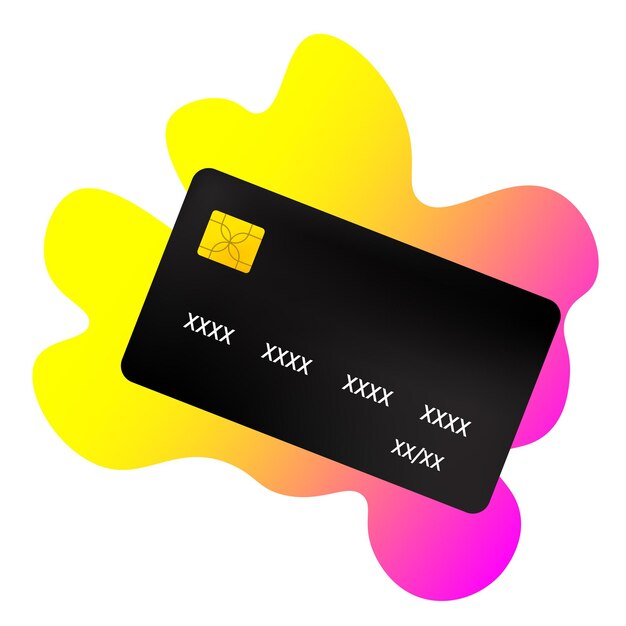 Bank card with gradient pink and yellow stain in the background NFC chip card number CVV banking online app cashless contactless payment cash advance financial management dollars currency