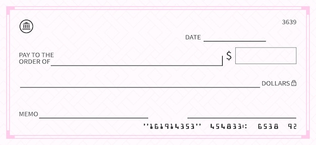 Bank check vector blank money cheque for dollar currency checkbook template in pink color