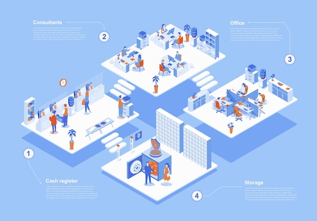 Concetto di banca scena web isometrica 3d con infografica le persone che lavorano presso i clienti dell'ufficio si levano in piedi per i consulenti del registratore di cassa nell'archiviazione sicura della stanza illustrazione vettoriale nella progettazione grafica isometrica