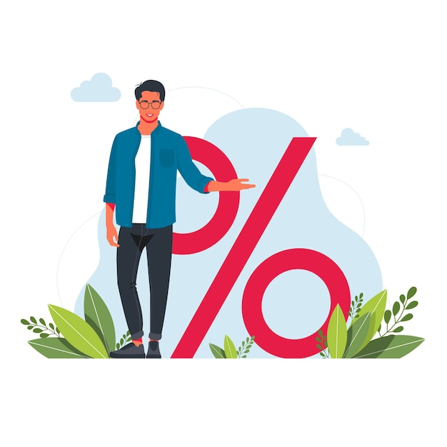 Vector bank credit concept. percent, good interest rate, interest-free. finance management. vector. tiny male character hold huge percent sign.discount promotion, savings sales offer. bank loan calculation