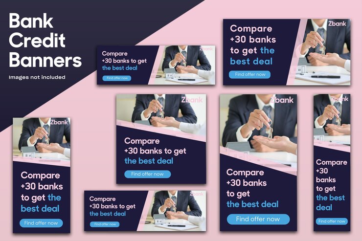 Bank Credit and mortgage Web banners google ads instagram post and stories and header