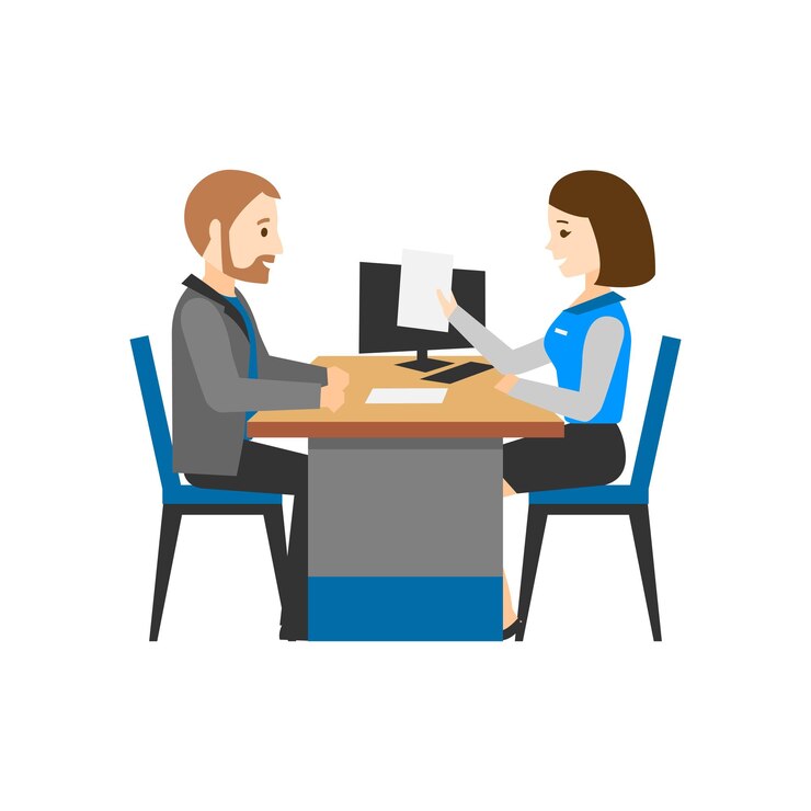 Vector the bank employee advises the client. a man and a woman behind a desk. financial advisor.
