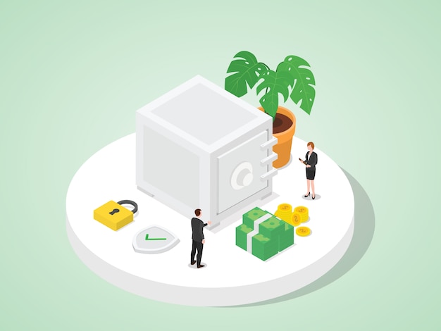 Vector bank employees store customer money in vault good security whit isometric design flat style