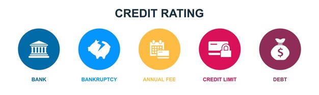 Bank faillissement jaarlijkse vergoeding kredietlimiet schuldpictogrammen infographic ontwerpsjabloon creatief concept met 5 stappen