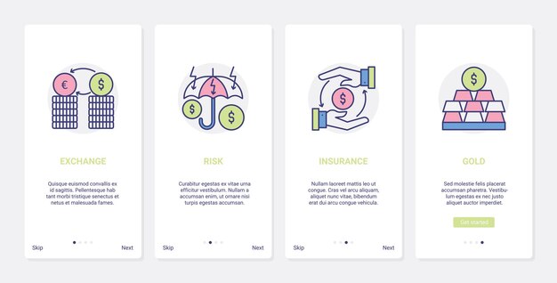 Bank finance insurance and safety, ux, ui onboarding mobile app page screen line set