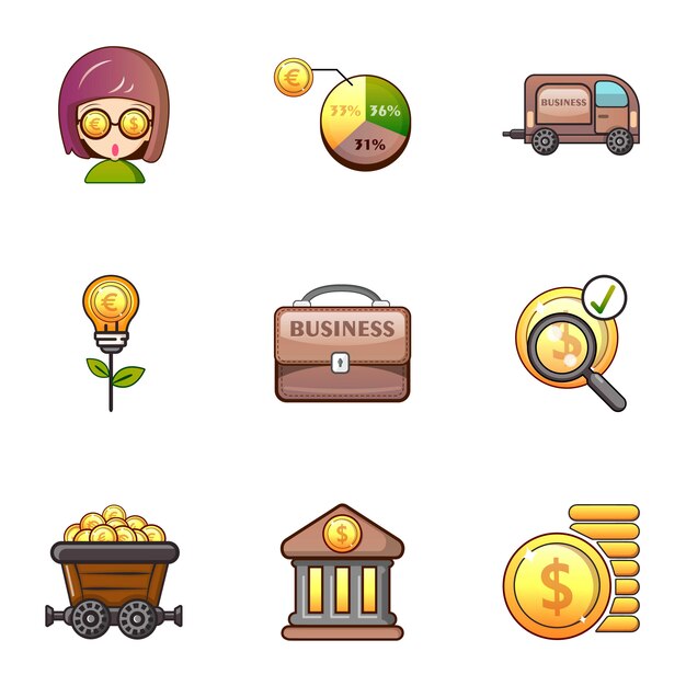 Bank icons set, cartoon style