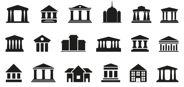 Bank icons Set of different museum icons Simple bank signs Black architecture icons