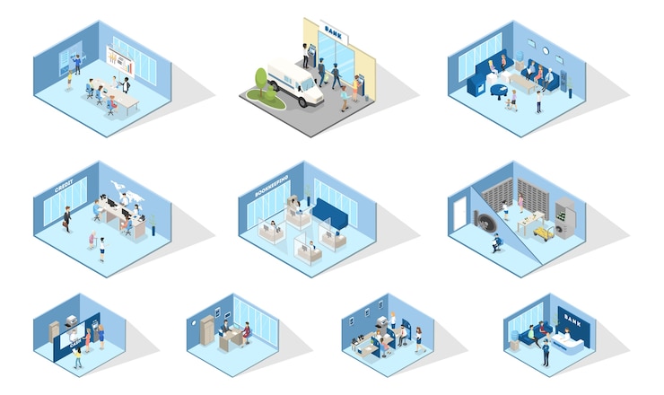 Vector bank interior. set of isometric bank offices. people making financial operations with money. entrance, reception, atm, money exchange and credit department. isolated vector illustration