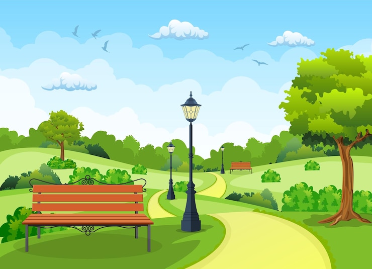 Vector bank met boom en lantaarn in het park