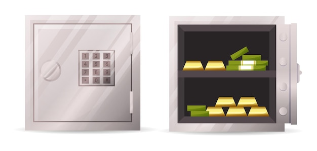 Вектор Банковское металлическое хранилище и сейфы с открытыми и закрытыми дверями безопасные иконы золотые слитки и наличные деньги в безопасности
