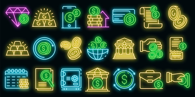 Bank metals icons set. outline set of bank metals vector icons neon color on black