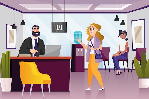 Vector bank office concept with people scene in the background cartoon style woman consults specialists