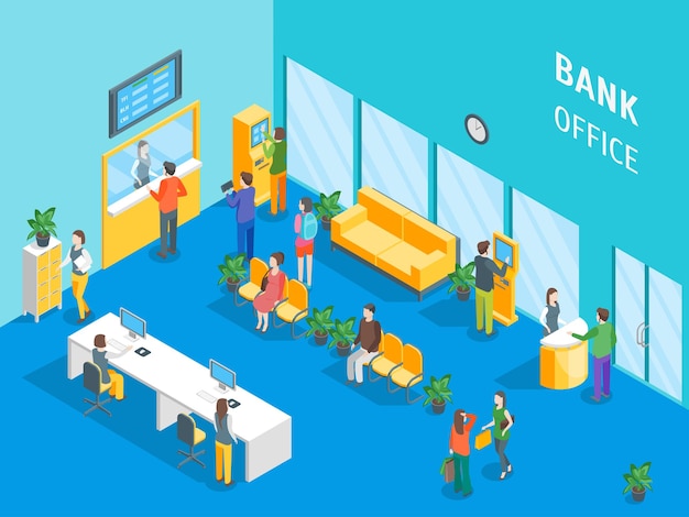 Vector bank office interior with furniture and people isometric view client service concept include of queue and staff vector illustration