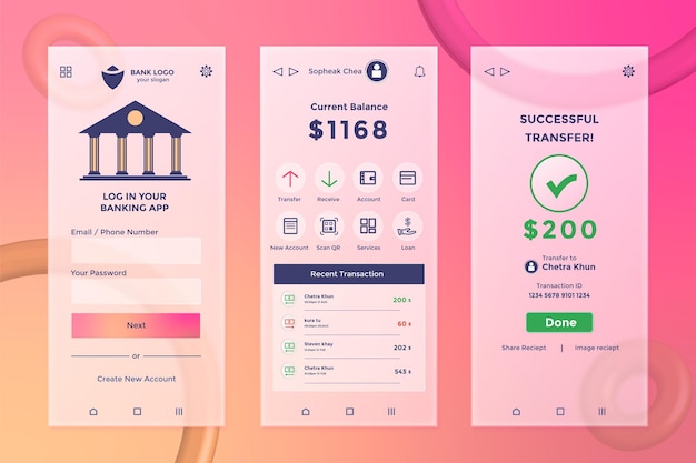 Vector bank payment mobile app glassmorphism template
