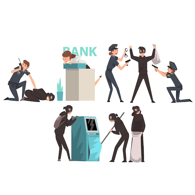 Vector bank robbery set armed masked burglars stealing money from atm police arresting criminals vector illustration on white background