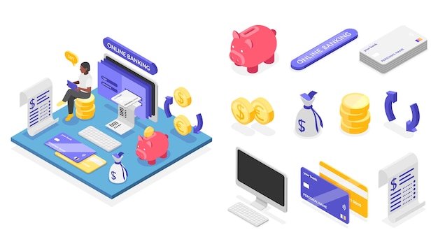 Vector bank services illustration and icons in isometric view