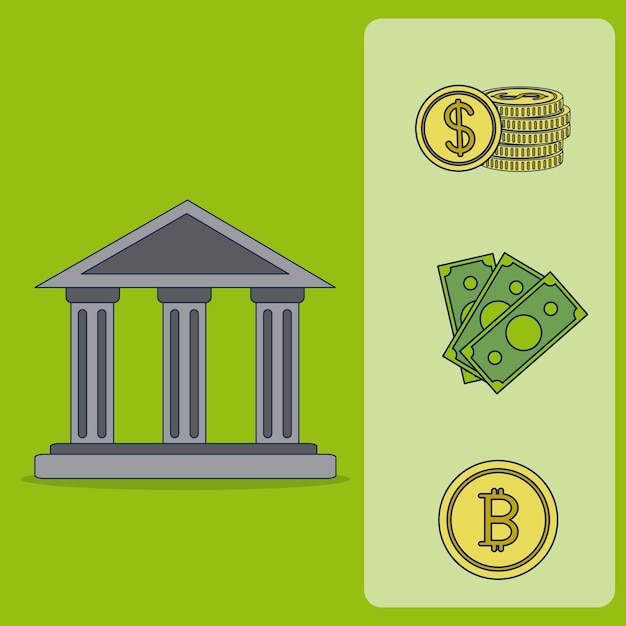 Simbolo della banca con progettazione grafica dell'illustrazione di vettore dei soldi e del bitcoin