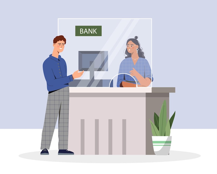 Vector bank teller concept man and woman near plastic partition in bank building banking and financial occupation accountant cashier at window counter cartoon flat vector illustration