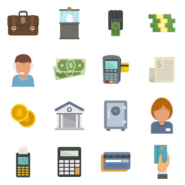 Set di icone del cassiere di banca. set piatto di icone vettoriali per cassiere di banca isolate su sfondo bianco