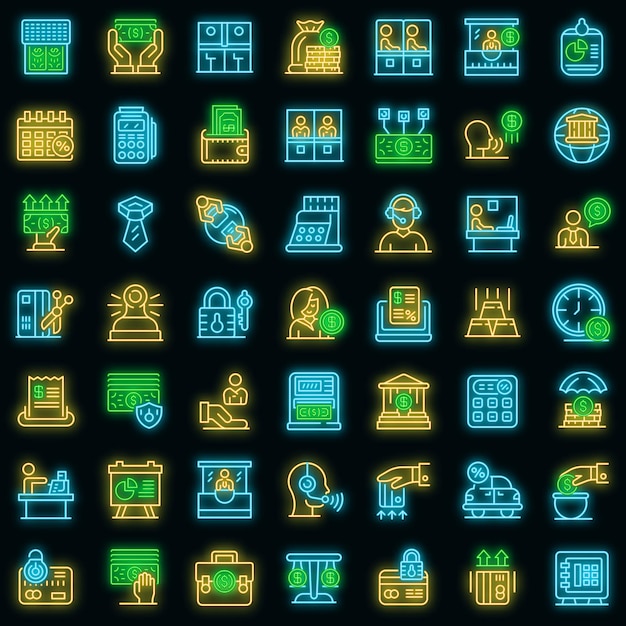 Vector bank teller icons set. outline set of bank teller vector icons neon color on black