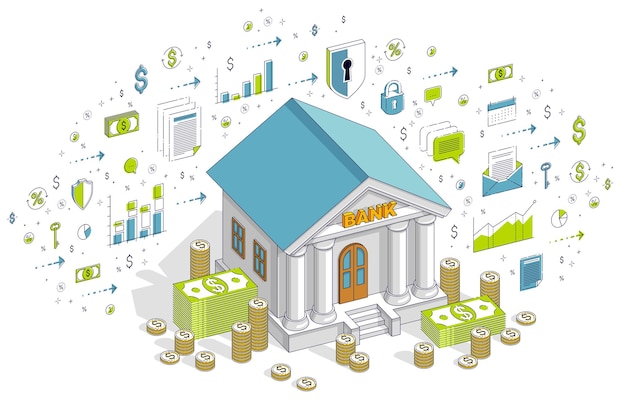 Bank thema cartoon, bank gebouw met dollars en munt stapel geïsoleerd op witte achtergrond. 3D-vector zakelijke isometrische illustratie met pictogrammen, statistieken grafieken en ontwerpelementen.