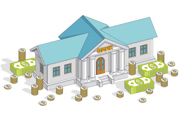 Bank thema cartoon, bank gebouw met dollars en munt stapel geïsoleerd op witte achtergrond. Isometrische vectorillustratie voor zaken en financiën, 3d dun lijnontwerp.