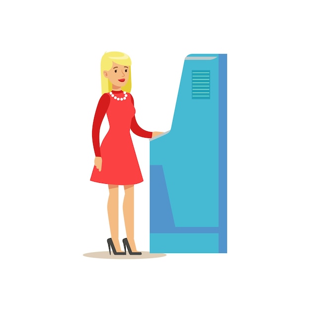 ATM キャッシュ マシン銀行サービス アカウント管理と財務テーマ ベクトル イラストを使用して銀行訪問者