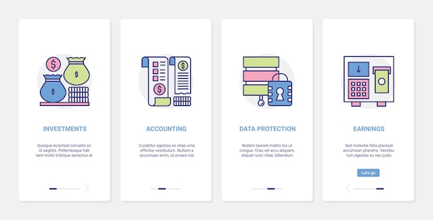 Bankboekhouding, financiële investeringen, ux, ui onboarding mobiele app-paginaschermset