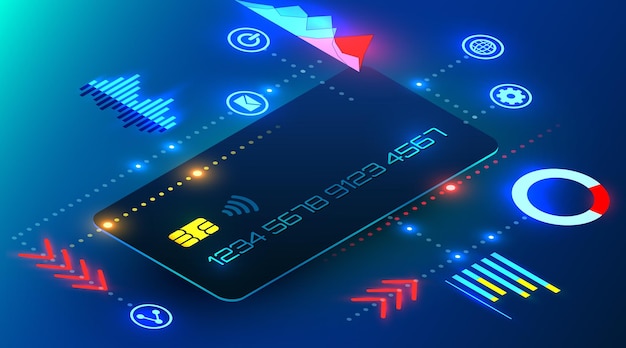 Bankcreditcard met infographicselementen futuristische cyberstijl online bankieren analyse