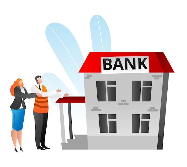 Vettore banchiere che mostra una nuova filiale bancaria al direttore maschio in abito gesti all'edificio femmina in gonna osserva