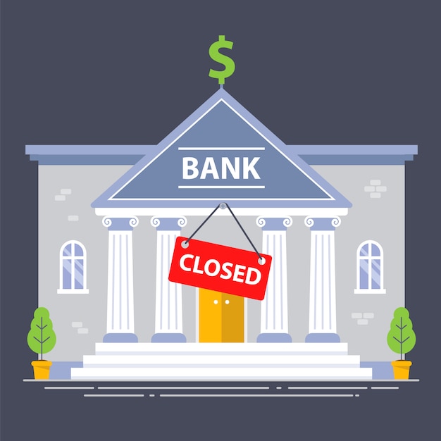 Vector bankgebouw gesloten wegens economische crisis. rode plaat. vlakke afbeelding.