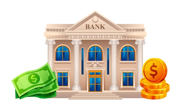 Vector bankgebouw met bankbiljetten en munten illustratie geld spaarconcept vectorbank geïsoleerd