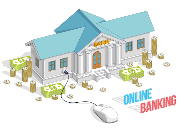 Bankgebouw met computermuis en contant geld stapel en munten, online bankieren, cartoon geïsoleerd op een witte achtergrond. Isometrische vectorillustratie voor zaken en financiën, 3D-dun lijnontwerp.