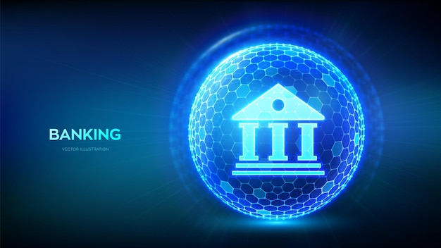 Bankieren Online bankieren en betalen Financiën netwerken Cyberbeveiliging Veilige transacties Financiële gegevensbescherming Abstracte 3D-bol of wereldbol met oppervlak van zeshoeken Vectorillustratie