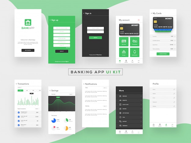 Vector banking app ui kit voor responsieve mobiele app.