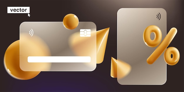 Banking card template with golden percent sign Digital payment screen in glassmorphism style