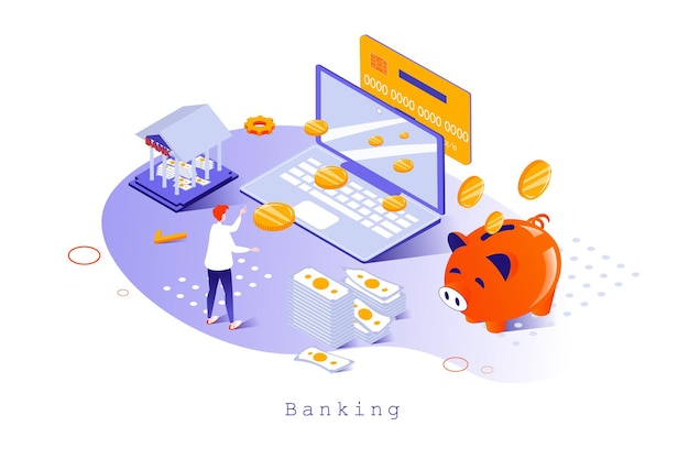 Concetto bancario in design isometrico 3d cliente che utilizza portafoglio digitale e conto finanziario personale