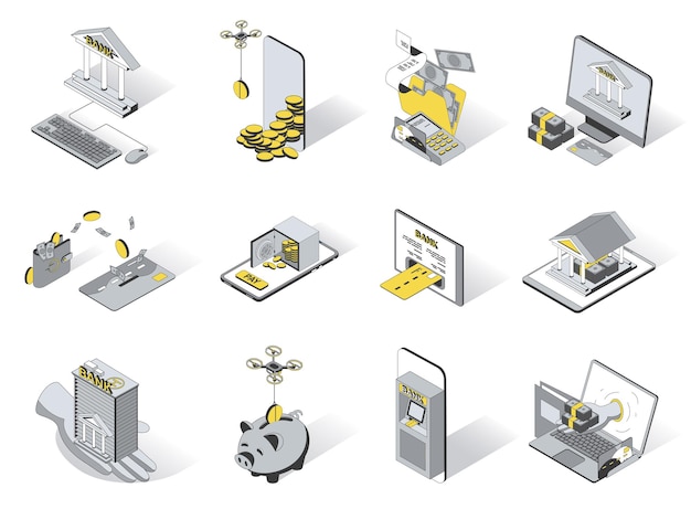 은행 개념 3d 아이소메트릭 아이콘 설정 은행 응용 프로그램 세금 지불 아이소메트리 디자인의 팩 요소
