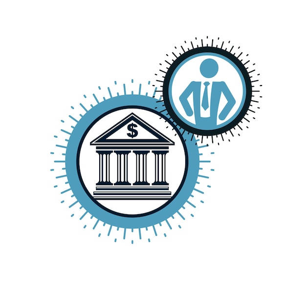 Вектор Банковский концептуальный логотип, уникальный векторный символ. банковская система. банкир, успешный бизнесмен.