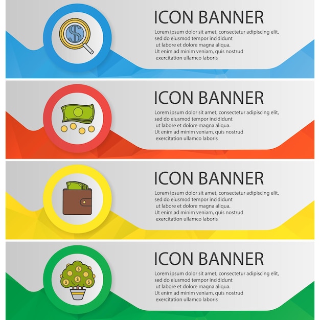 Vector banking and finance banner templates set. easy to edit. investor search, purse with money, cash, money tree website menu items. color polygonal web banner concepts. vector backgrounds