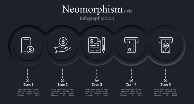 Banking icon set Smartphone dollar overeenkomst handtekening contant geld opnemen ATM Neomorphism stijl Vector lijn icon voor zaken en reclame