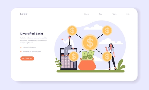 Banking industry sector of the economy web banner or landing page. Idea of financial transactions management, money savings accounts administration. Depositing and investing. Flat vector illustration