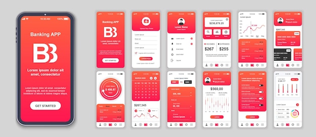 Banking mobile app interface screens template set online account balance financial management currency exchange navigation menu pack of ui ux gui kit for application web layout vector design