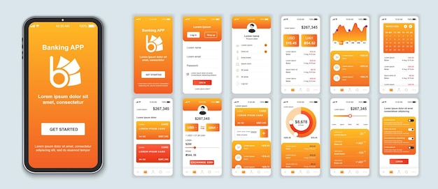 Vettore banking mobile app interface screens template set online account balance financial statistics credit card management analytics pack of ui ux gui kit for application web layout vector design