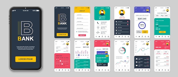 Schermate delle app mobili bancarie impostate per i modelli web confezione di login conto finanziario saldo personale trasferimenti di denaro e altri modelli kit interfaccia utente gui ui ux per layout disegno vettoriale