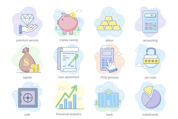 Vector banking service concept flat icons set bundle of money saving accounting loan agreement pos terminal...